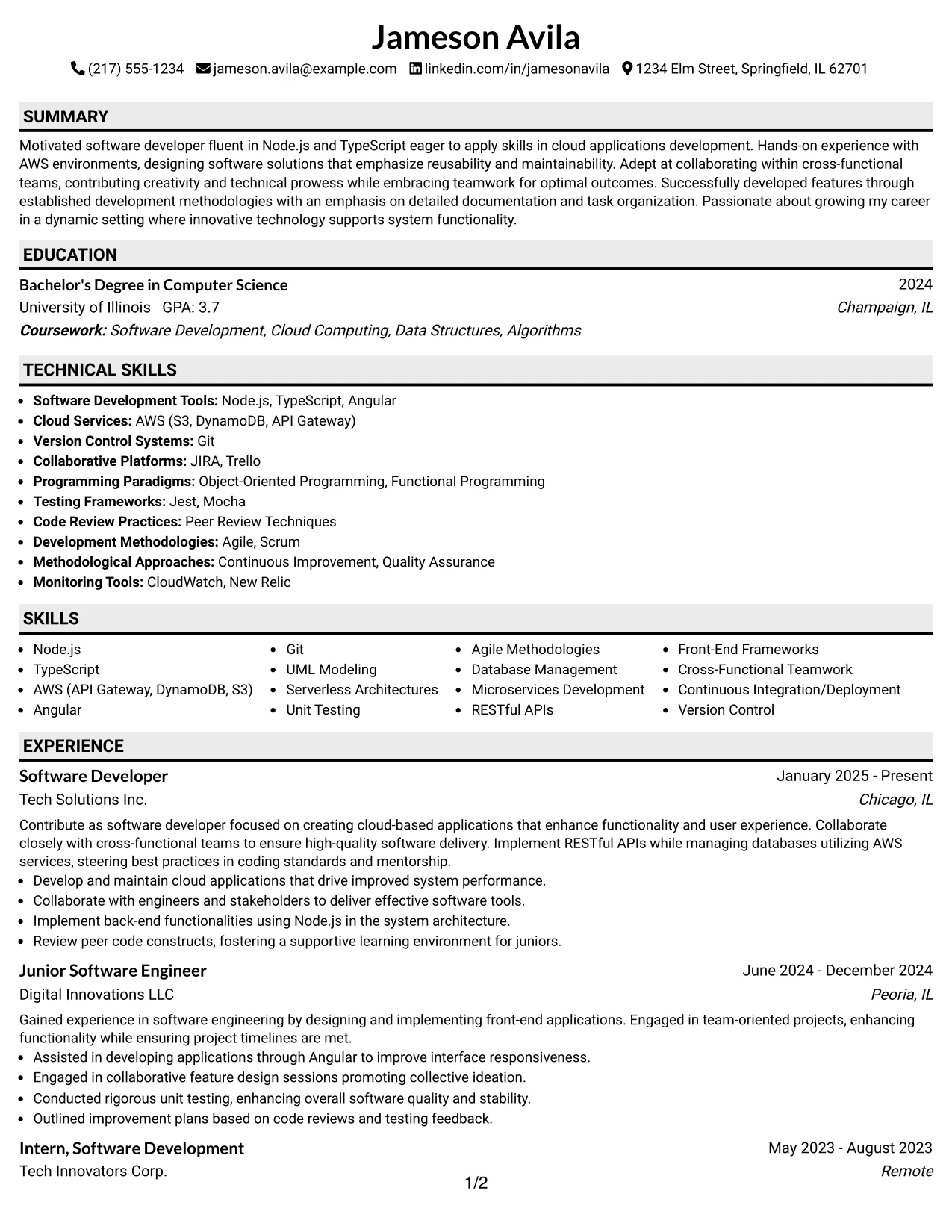 Resume Example Page 1