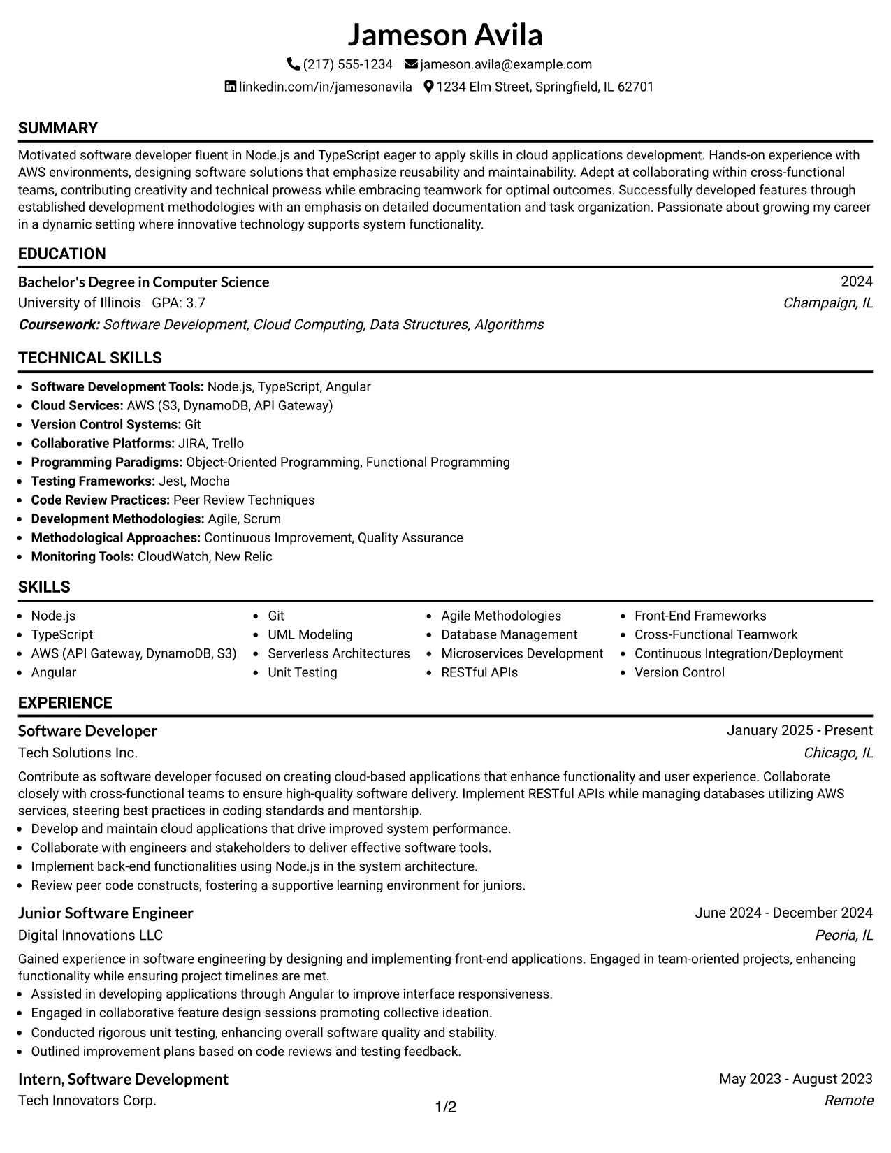 Resume Example Page 1