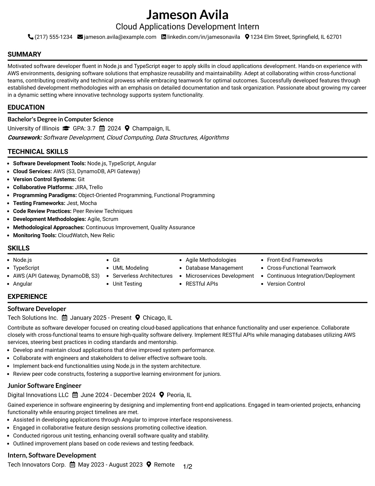 Resume Example Page 1