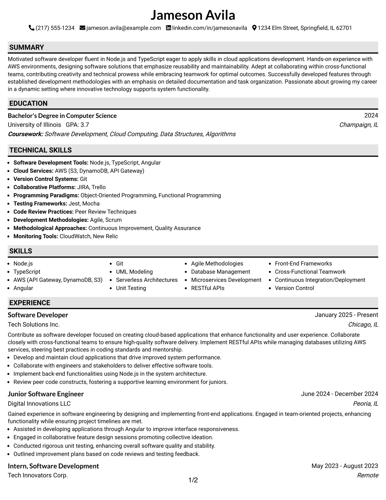 Resume Example Page 1