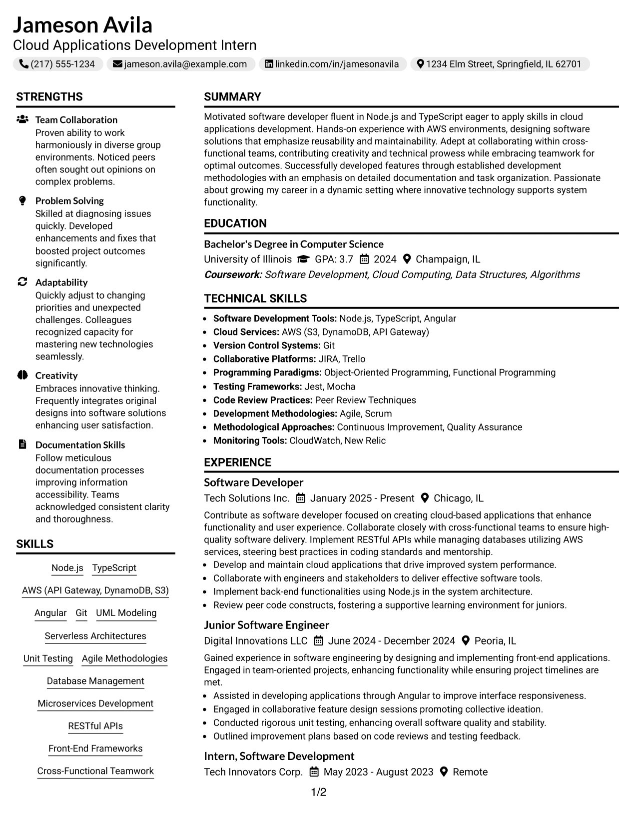 Resume Example Page 1