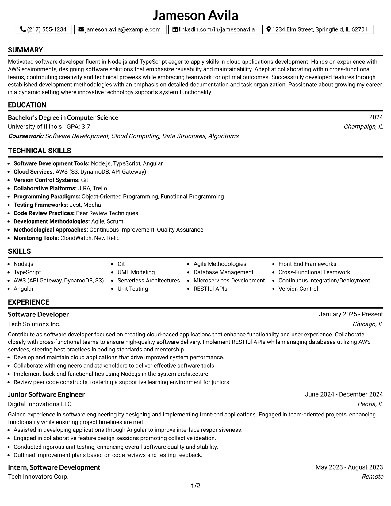 Resume Example Page 1
