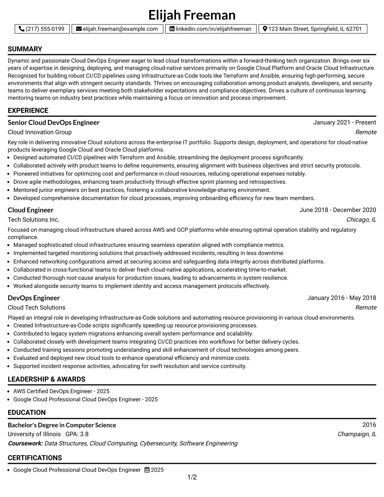 Resume Example Page 1