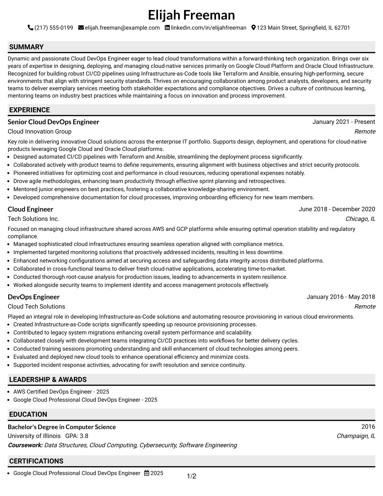 Resume Example Page 1
