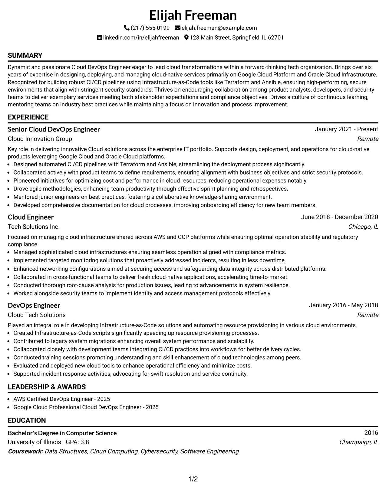 Resume Example Page 1