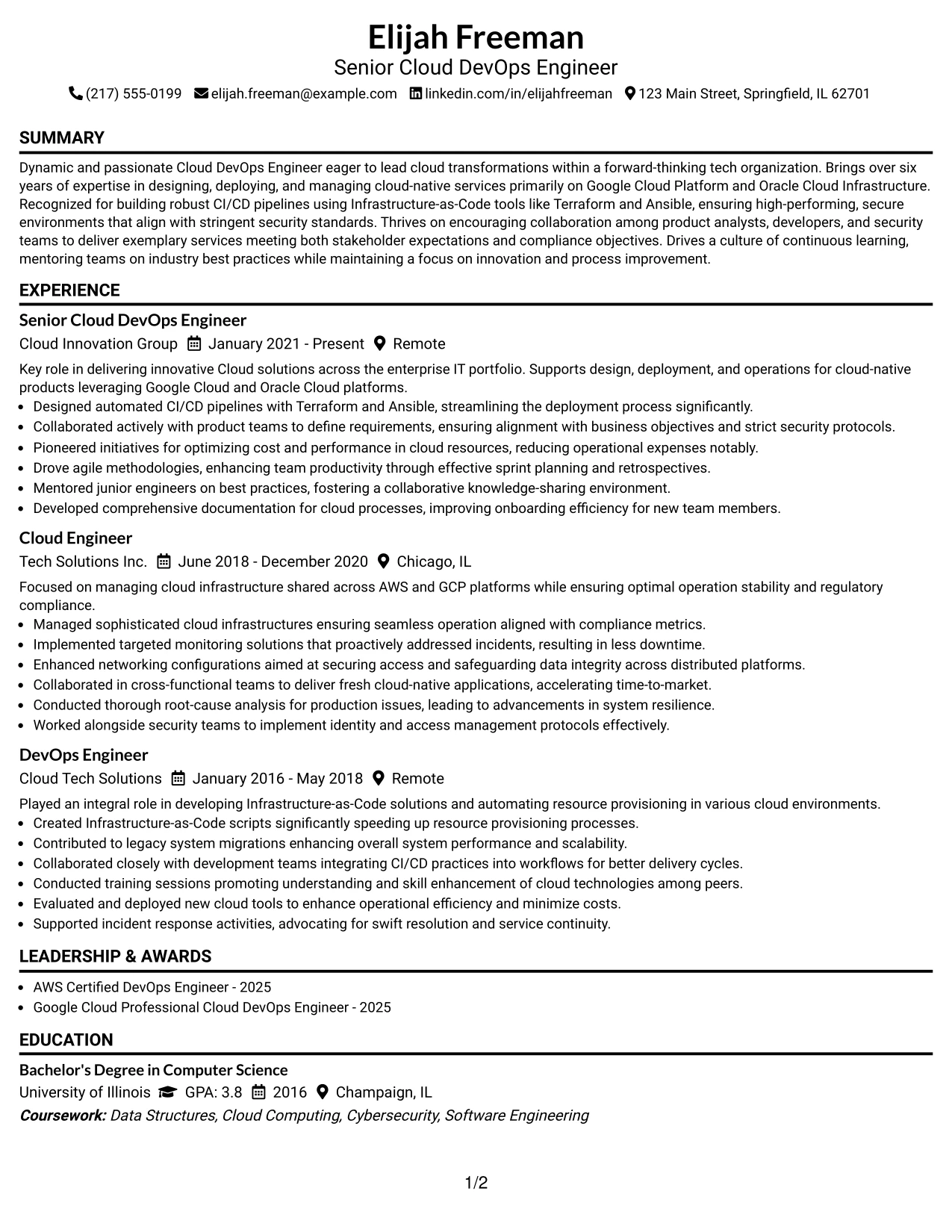 Resume Example Page 1