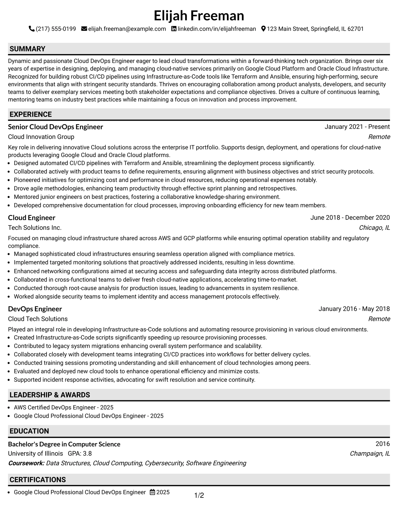 Resume Example Page 1