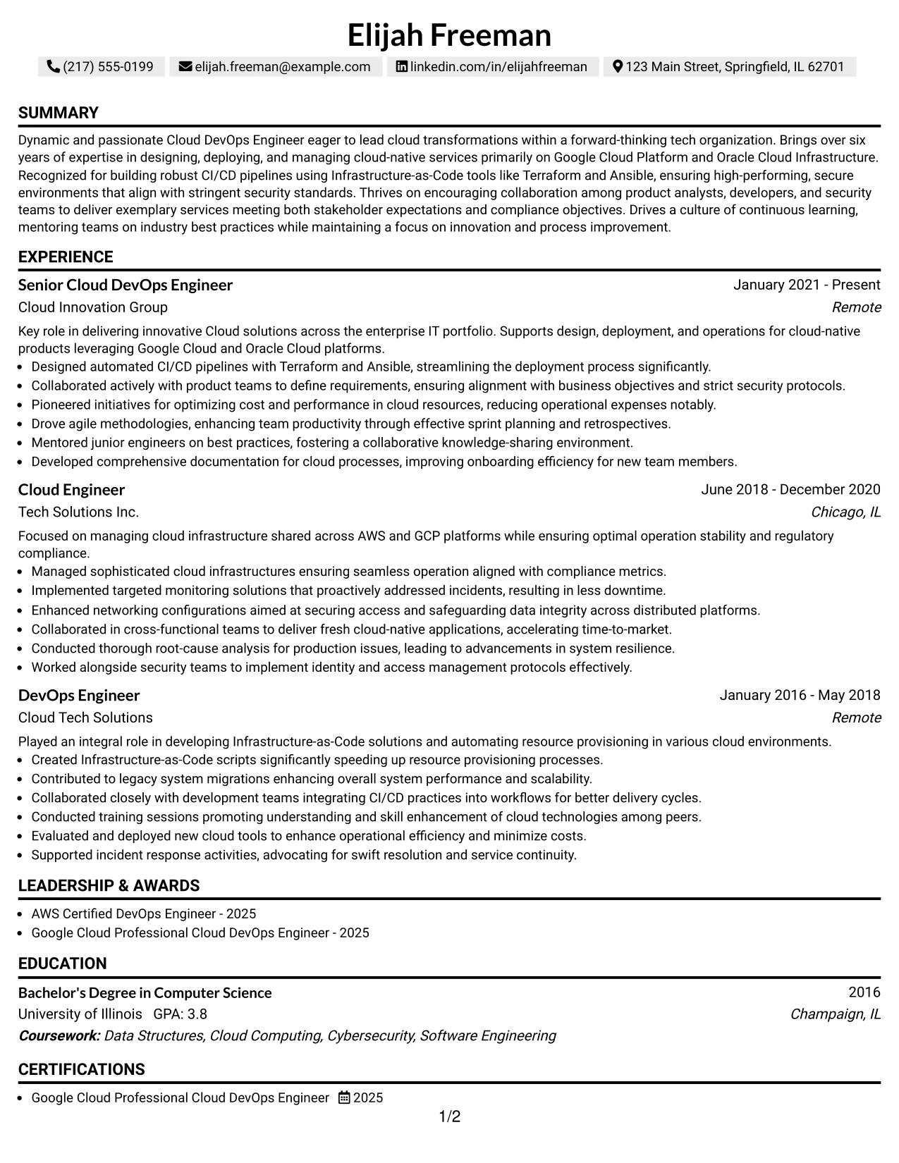 Resume Example Page 1