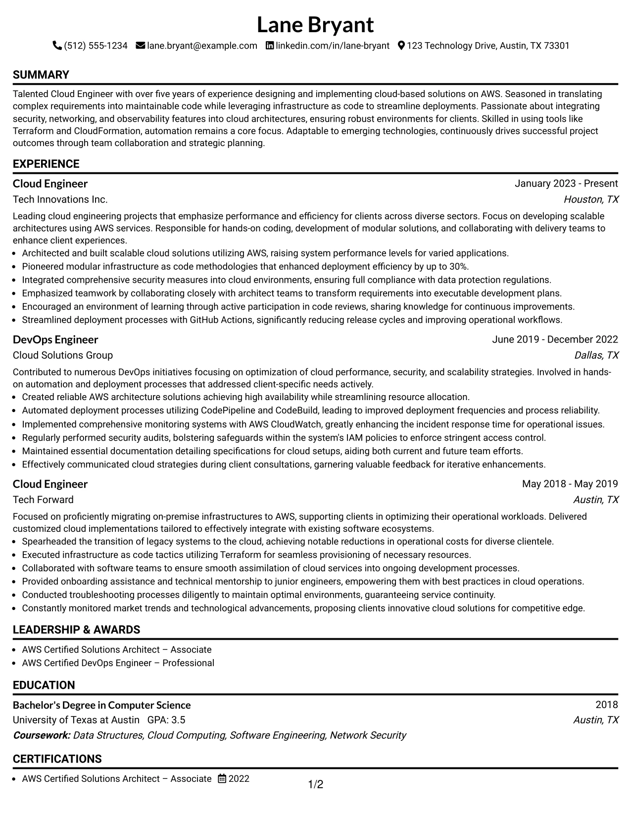 Resume Example Page 1