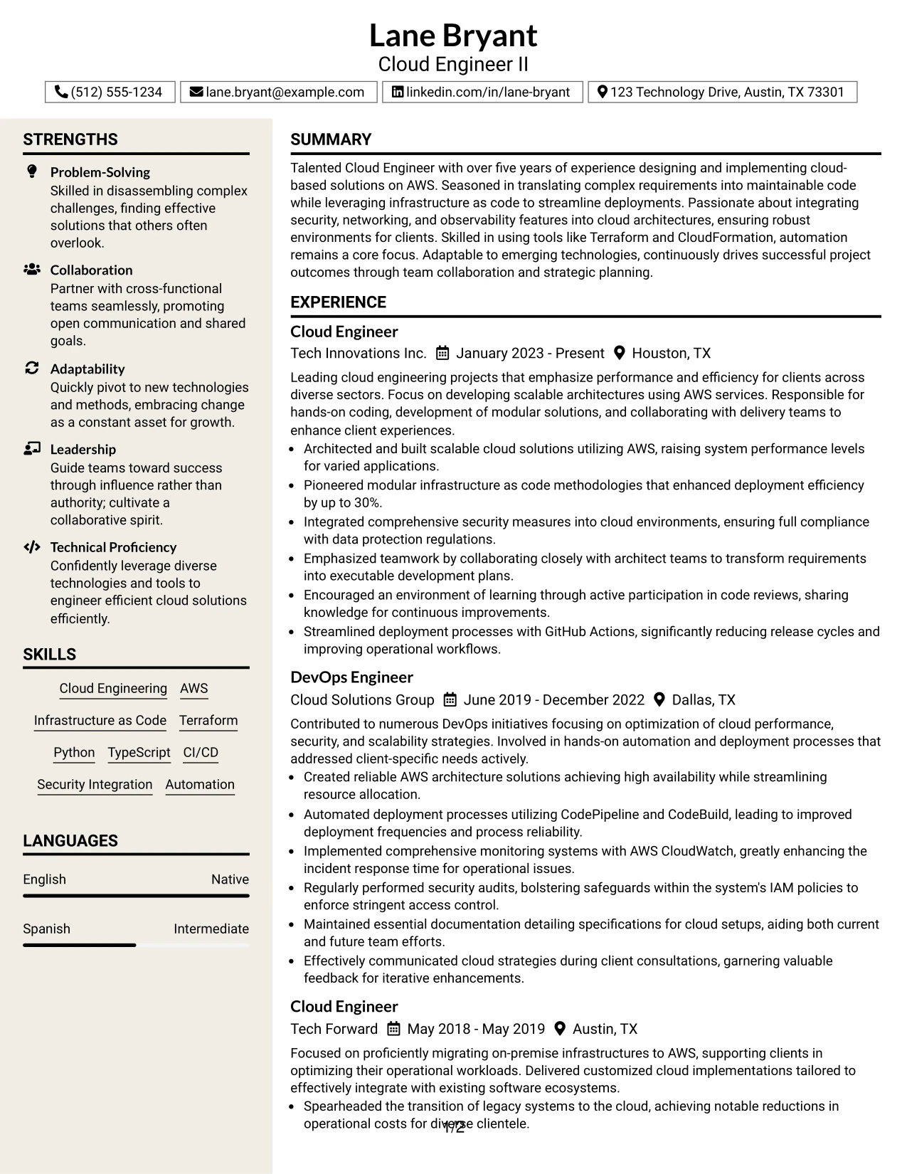 Resume Example Page 1