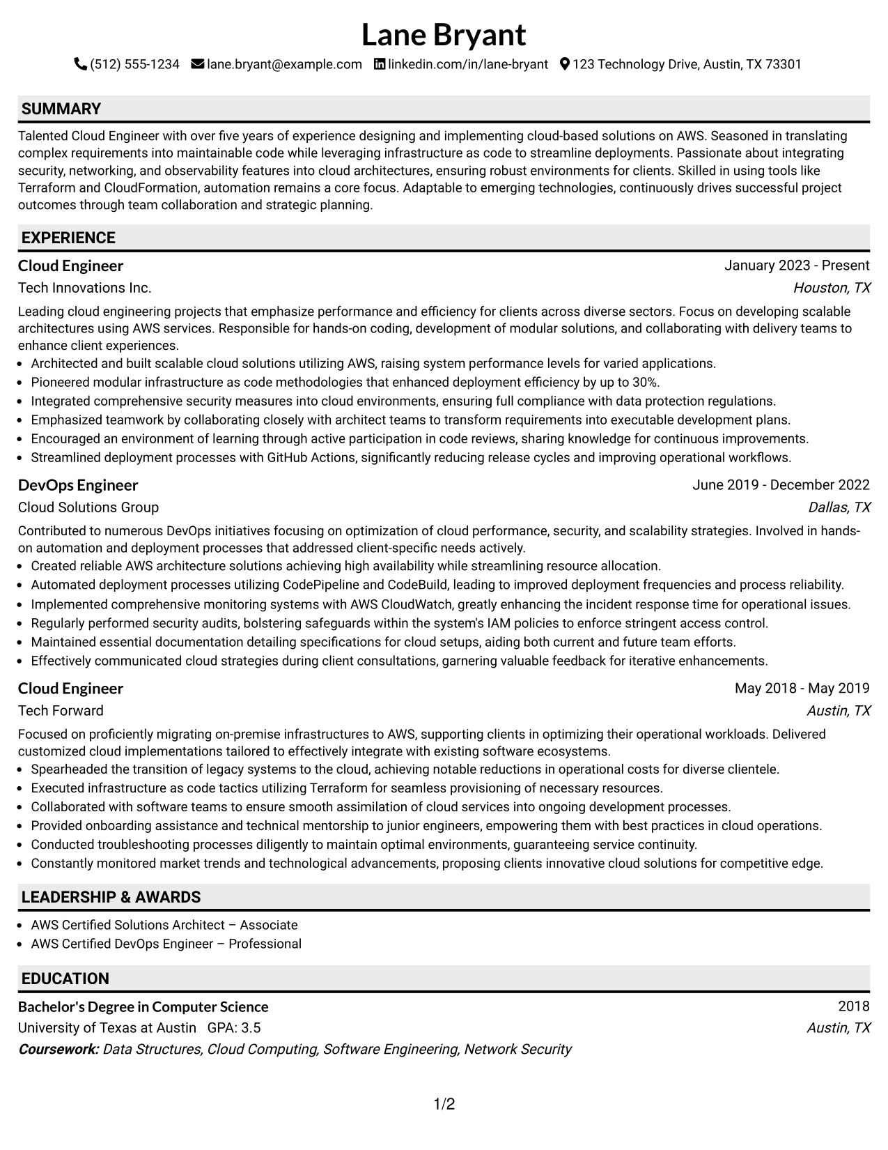 Resume Example Page 1