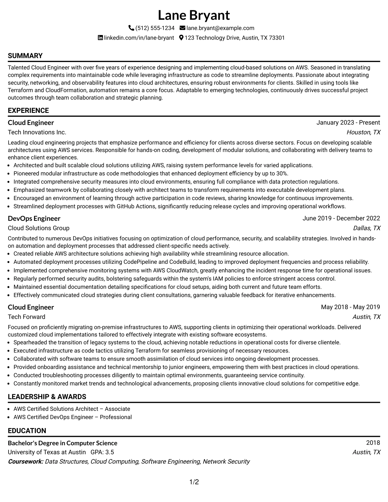 Resume Example Page 1