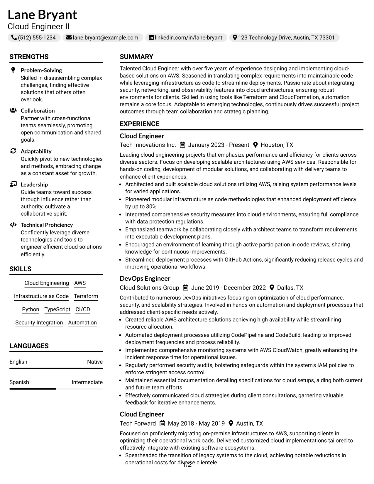 Resume Example Page 1