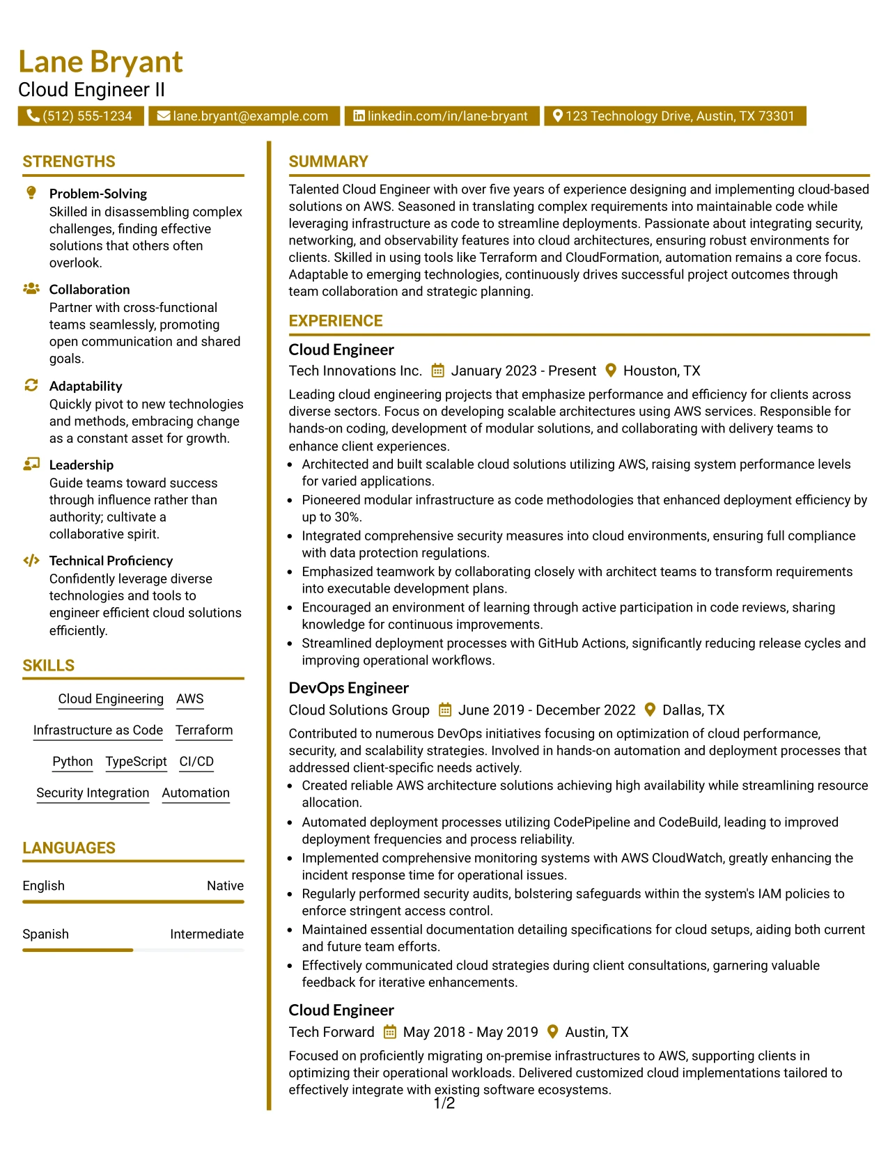 Resume Example Page 1