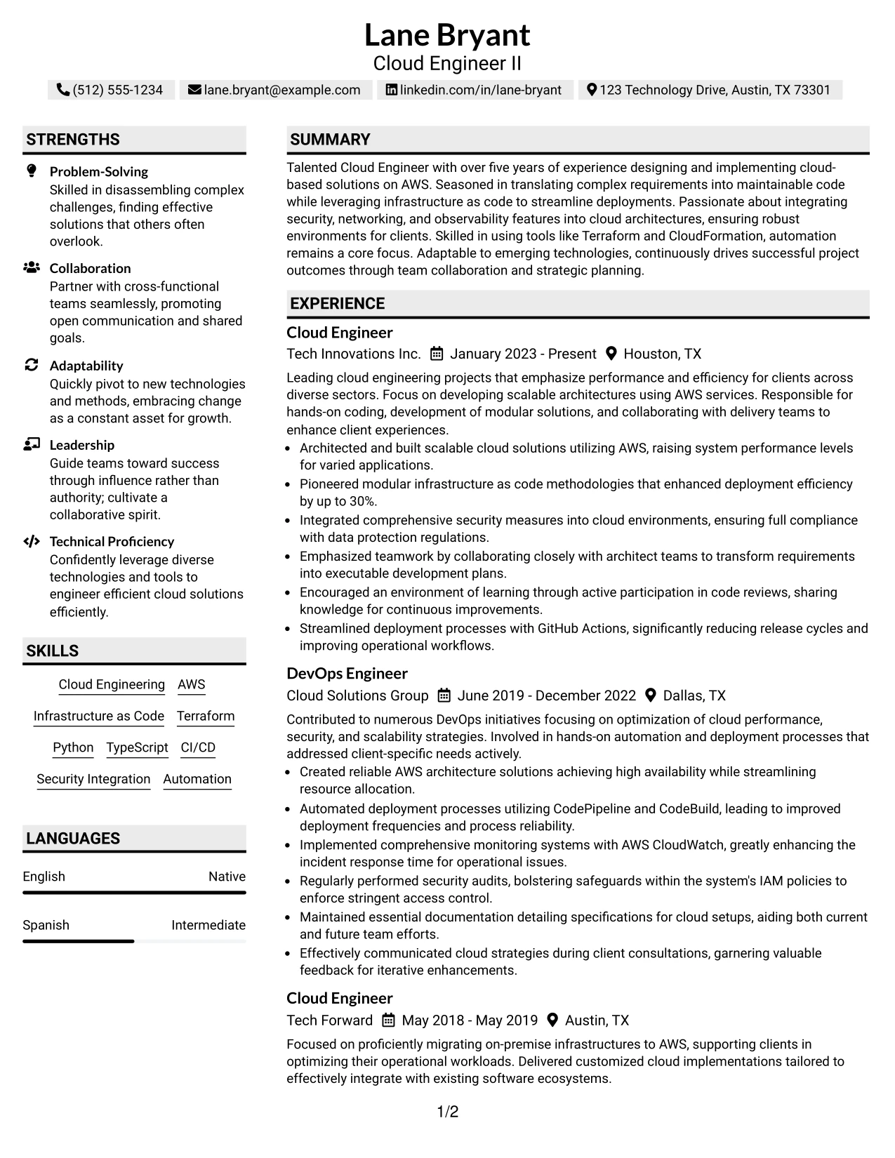 Resume Example Page 1