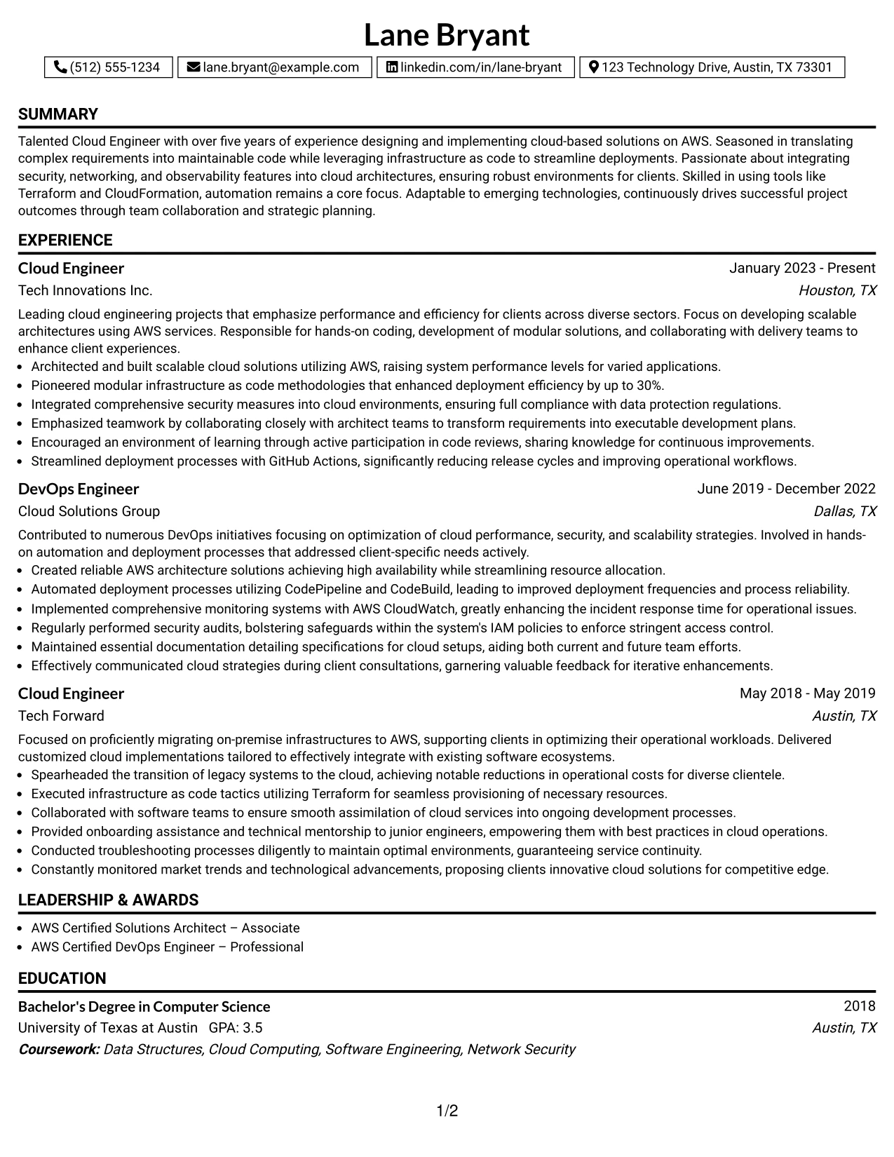 Resume Example Page 1