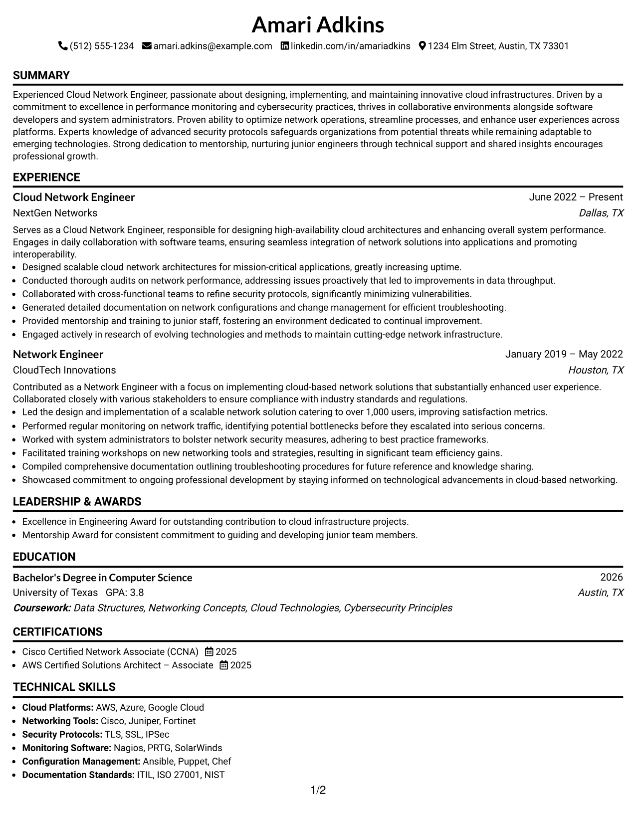 Resume Example Page 1