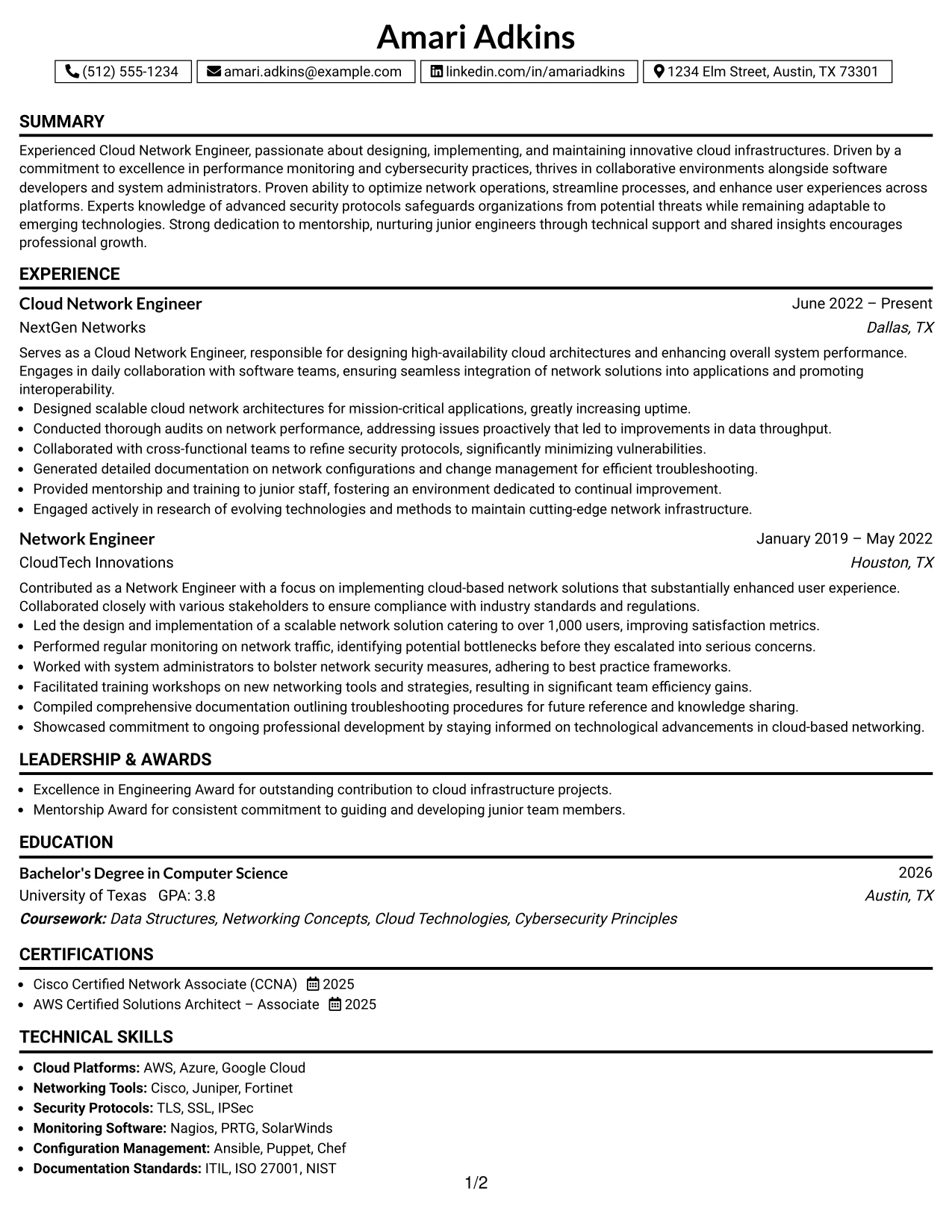 Resume Example Page 1