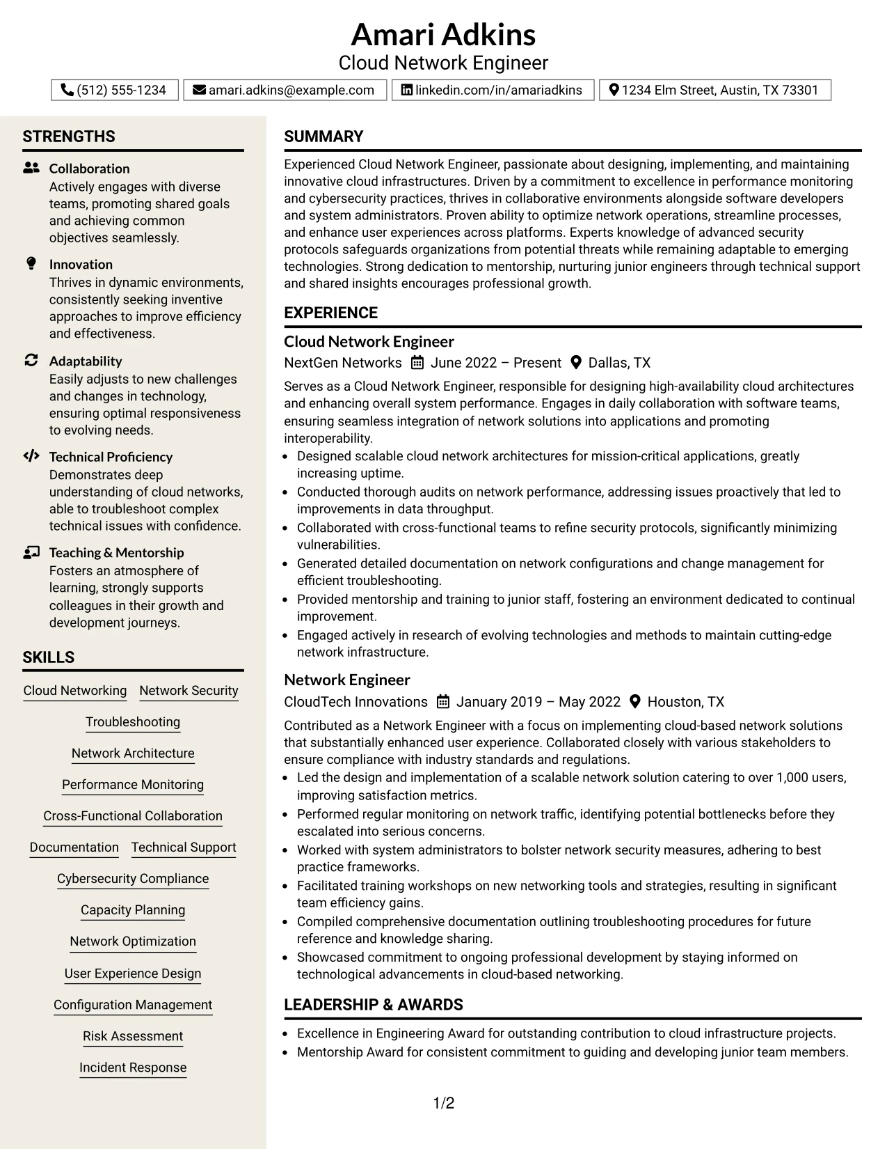 Resume Example Page 1