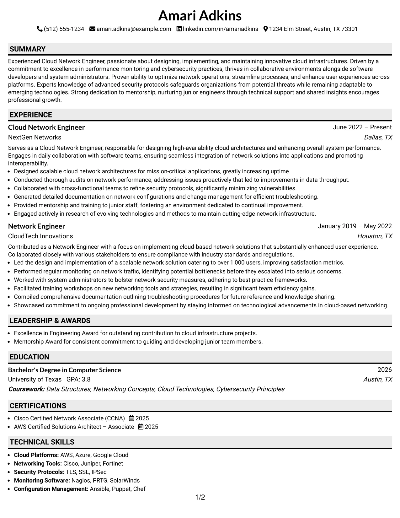 Resume Example Page 1