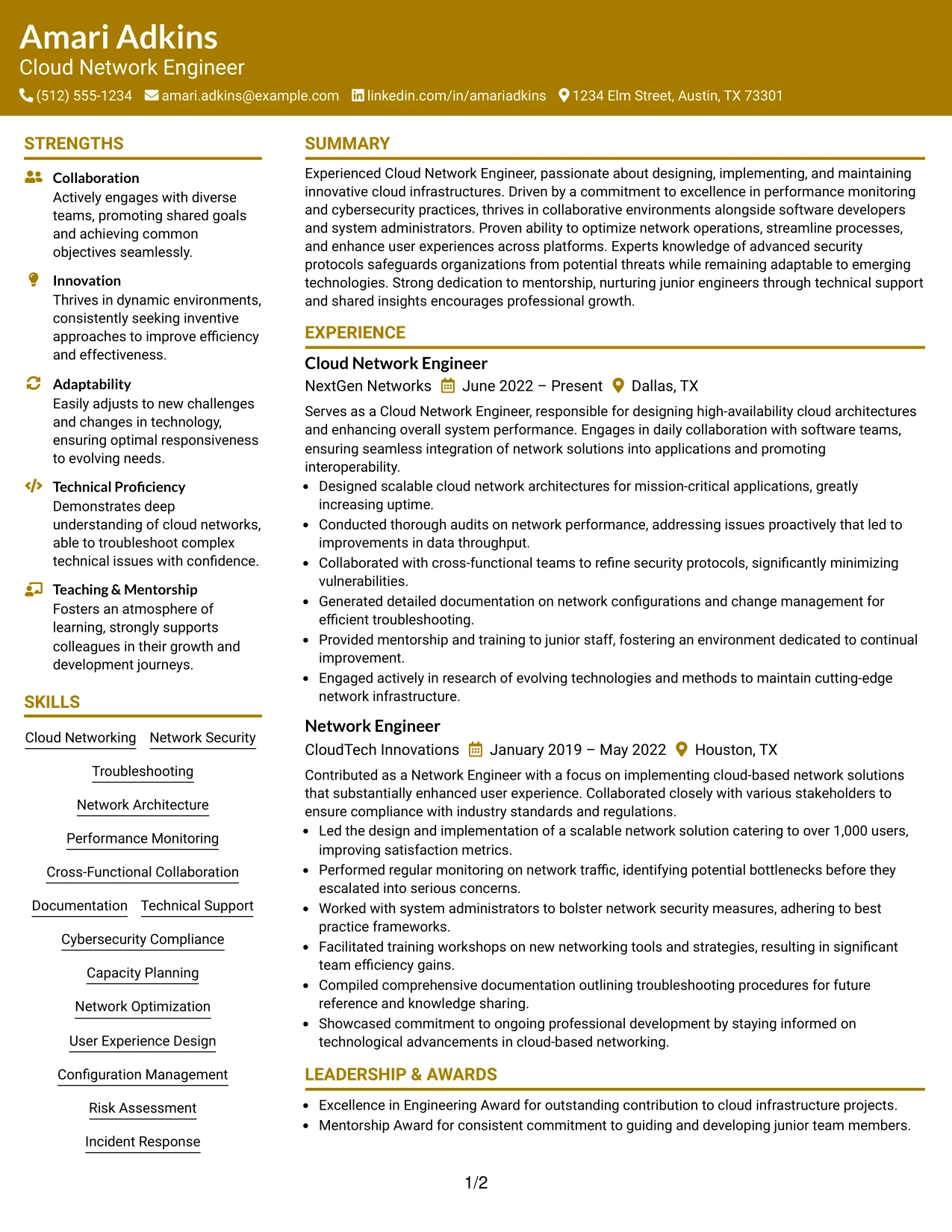 Resume Example Page 1