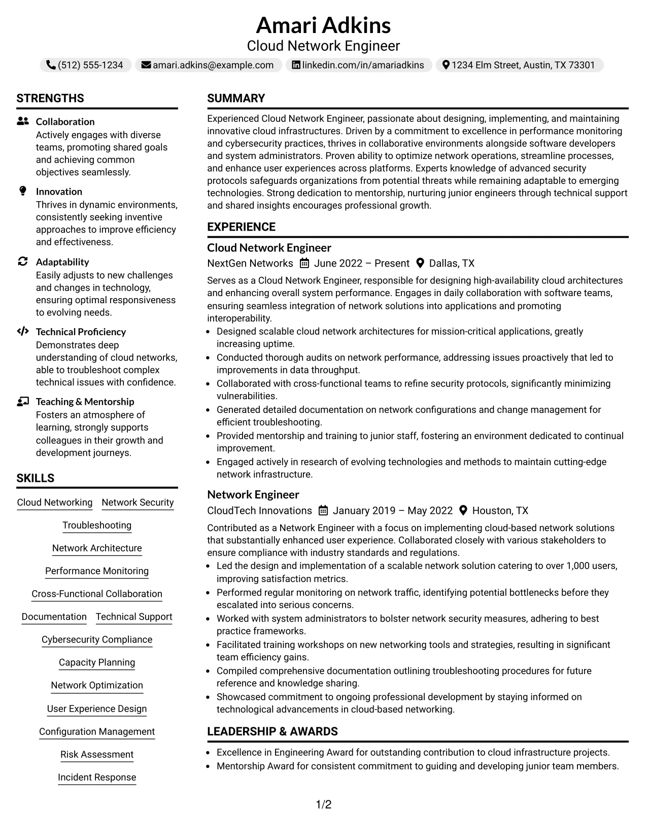 Resume Example Page 1