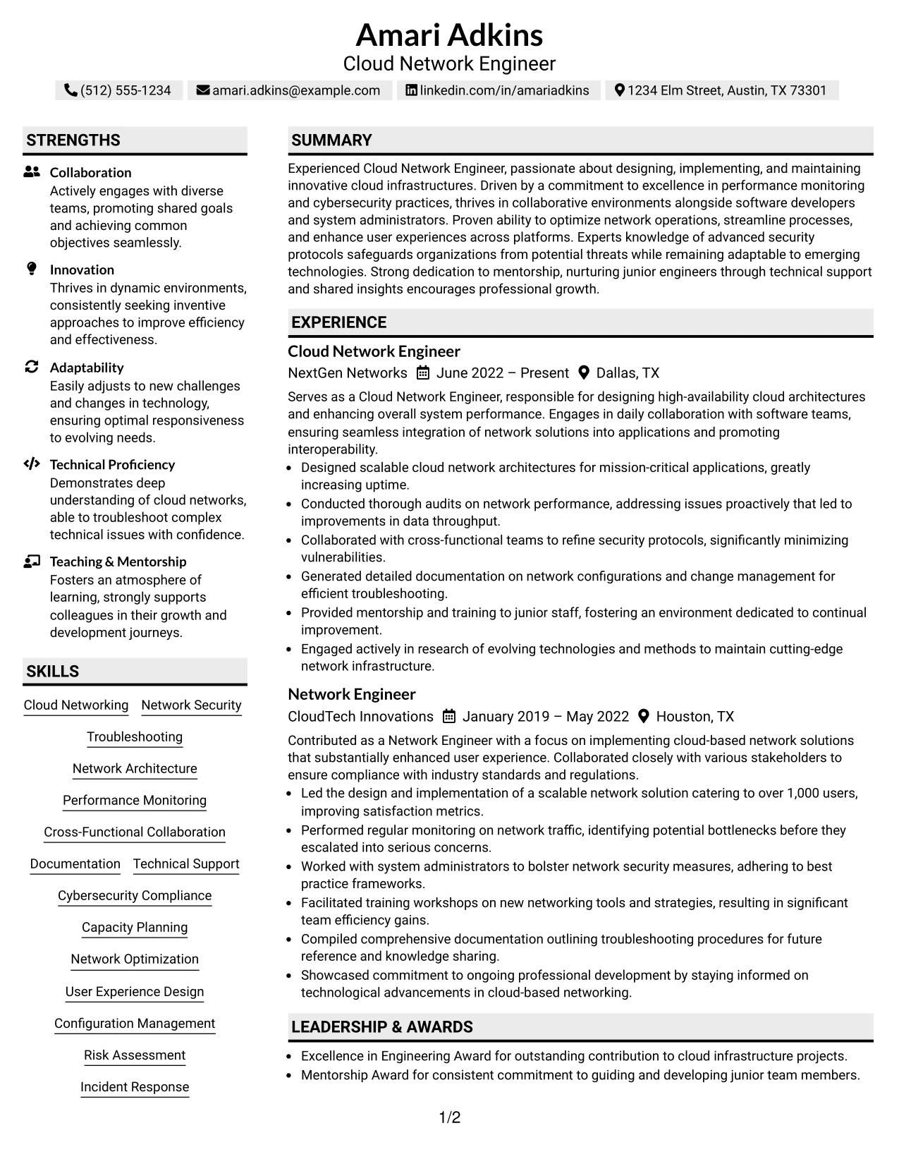Resume Example Page 1
