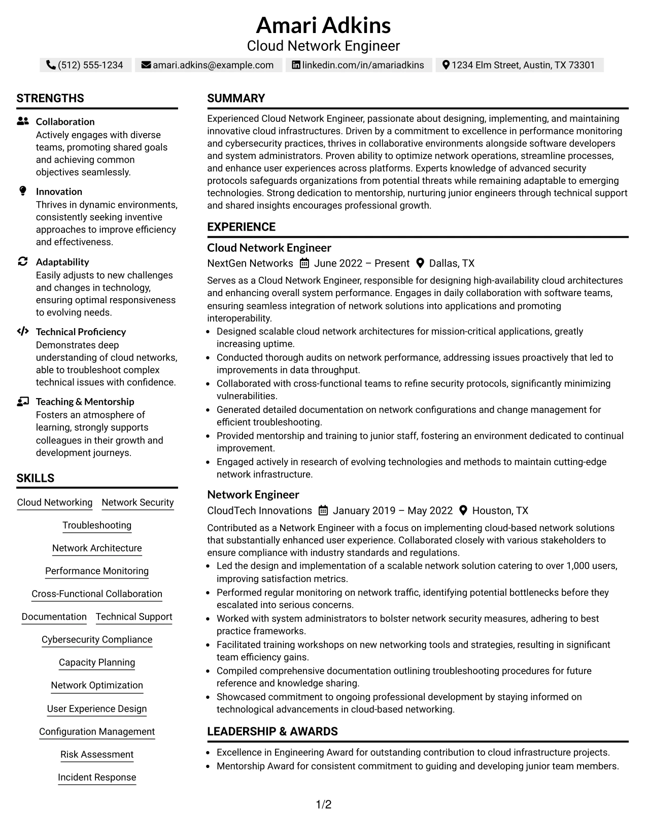 Resume Example Page 1