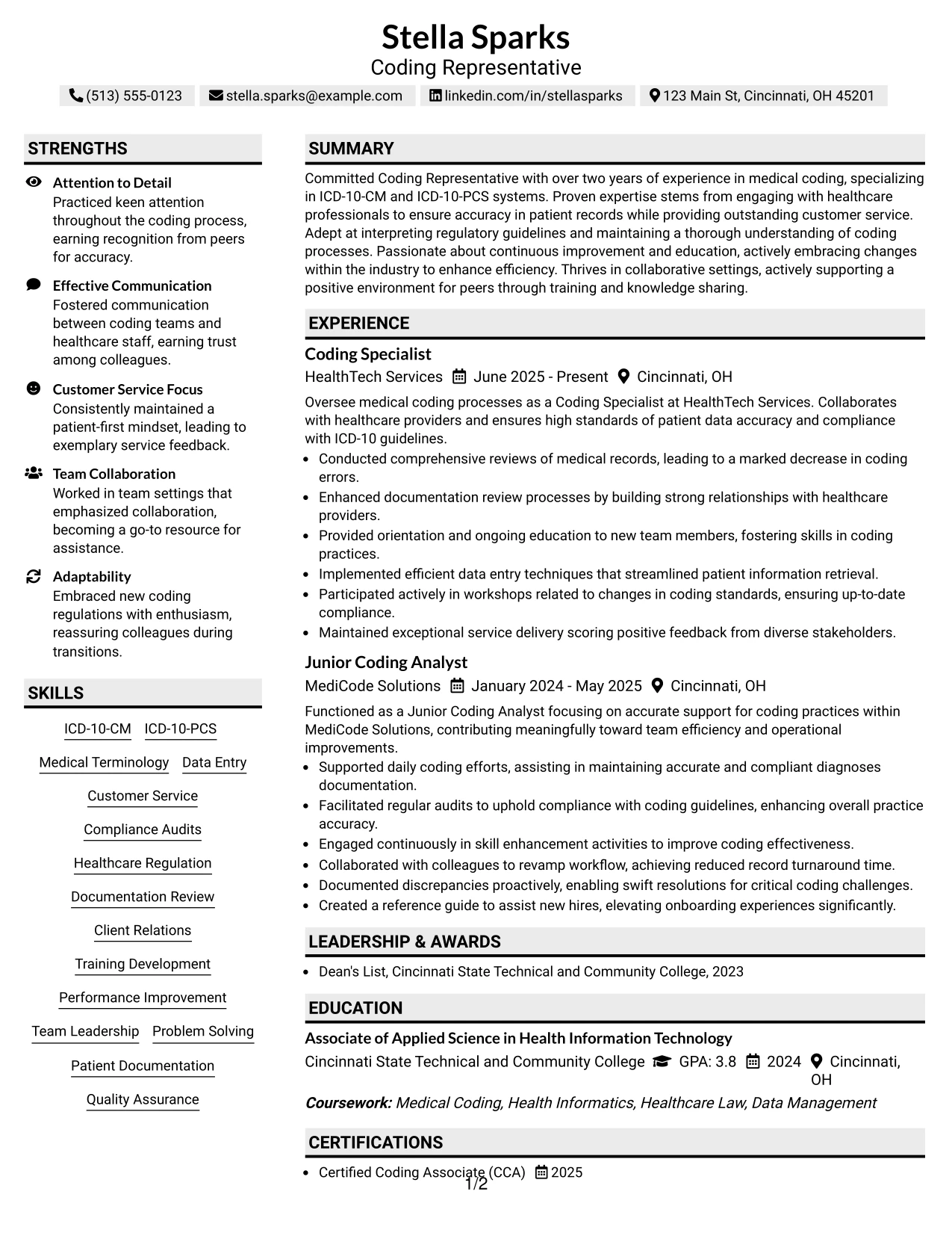 Resume Example Page 1