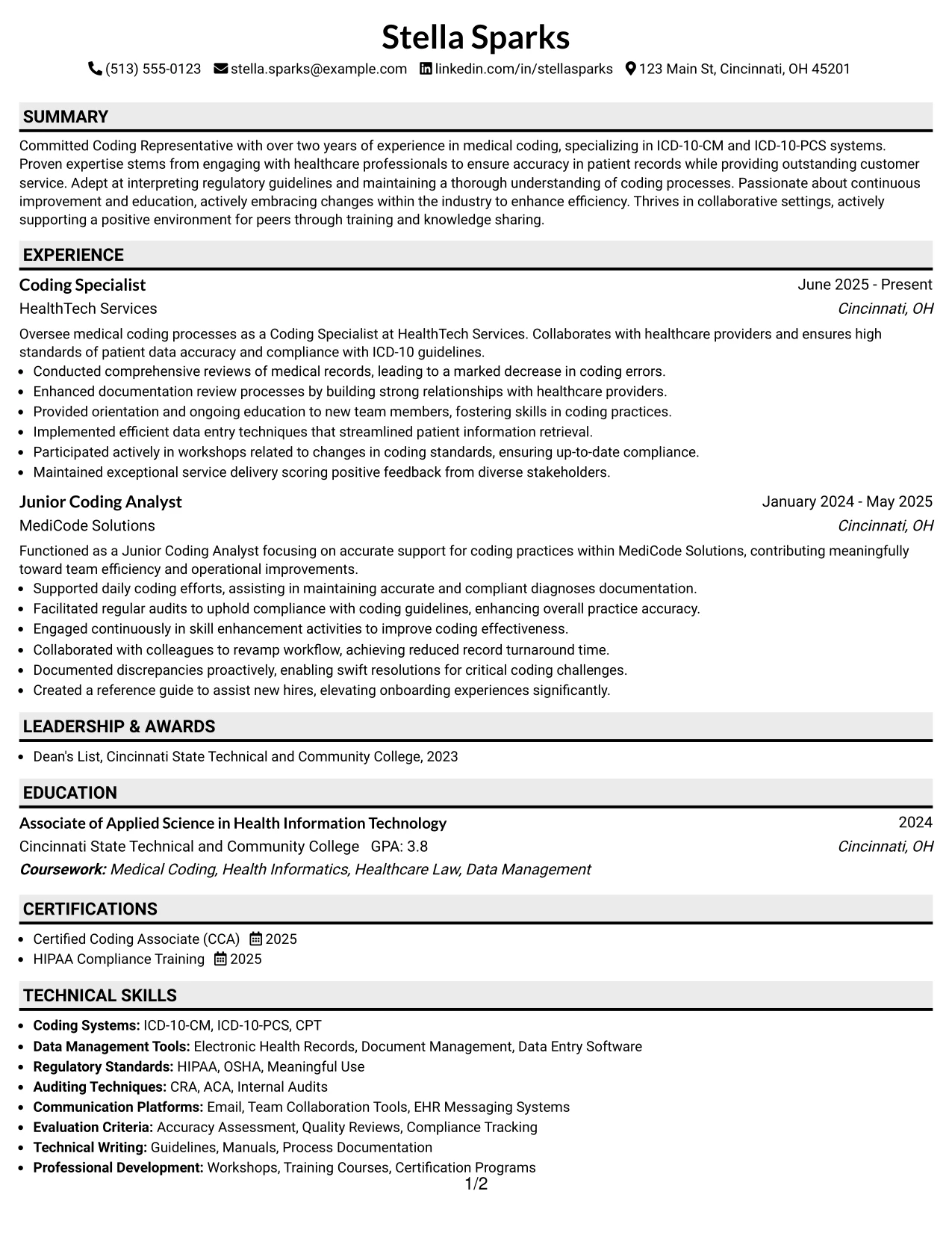 Resume Example Page 1