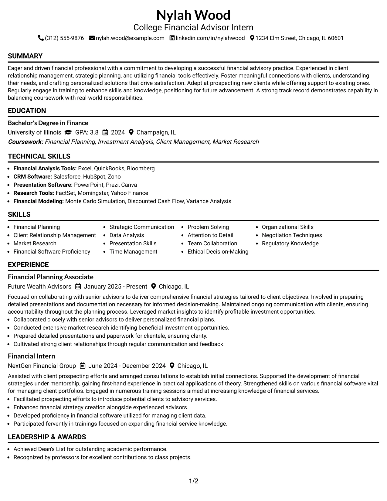 Resume Example Page 1