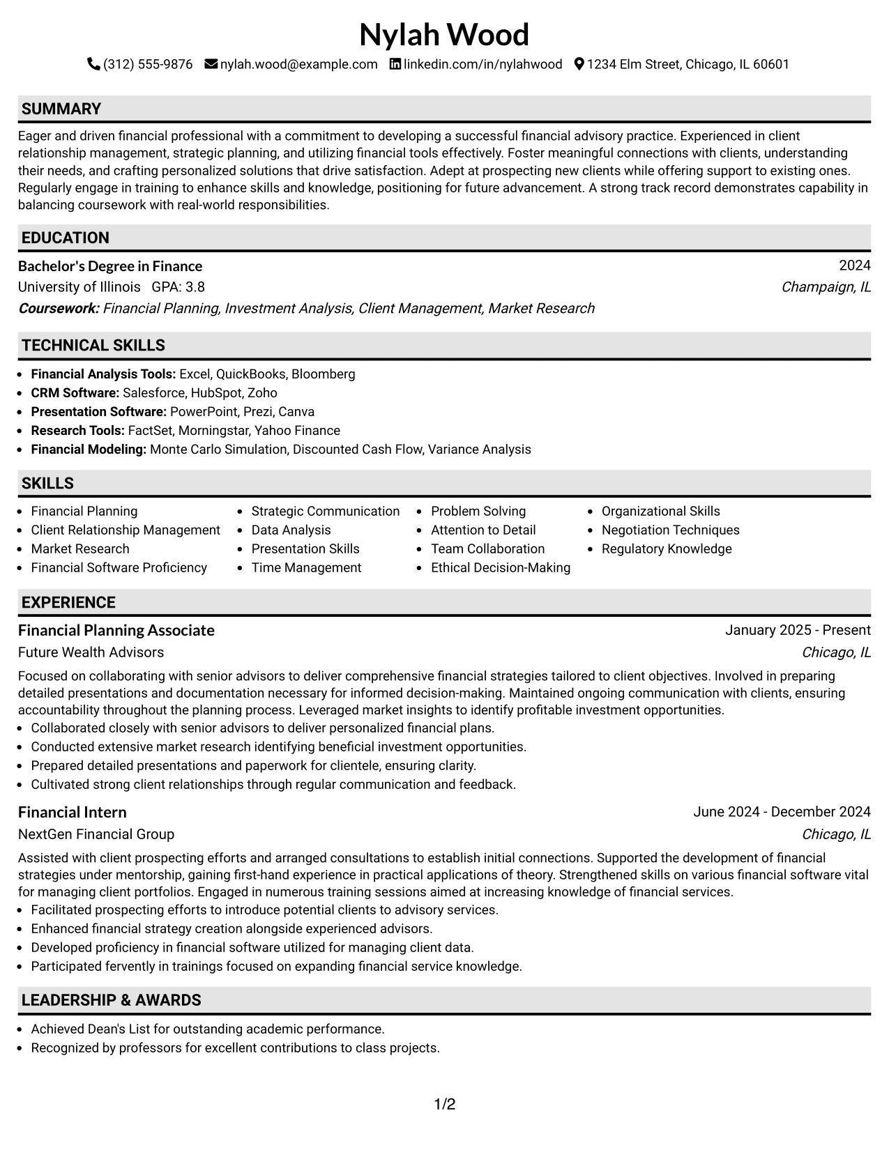 Resume Example Page 1