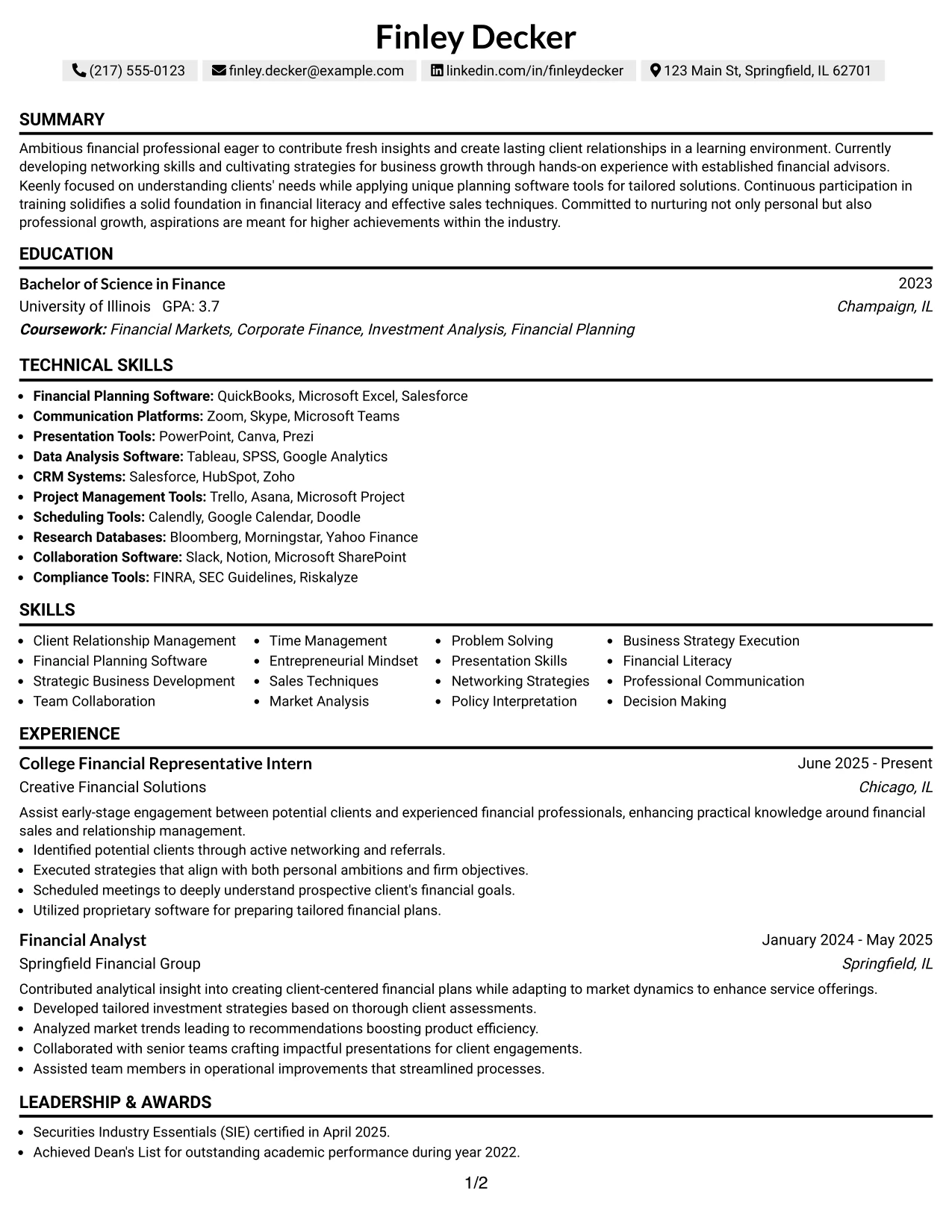 Resume Example Page 1