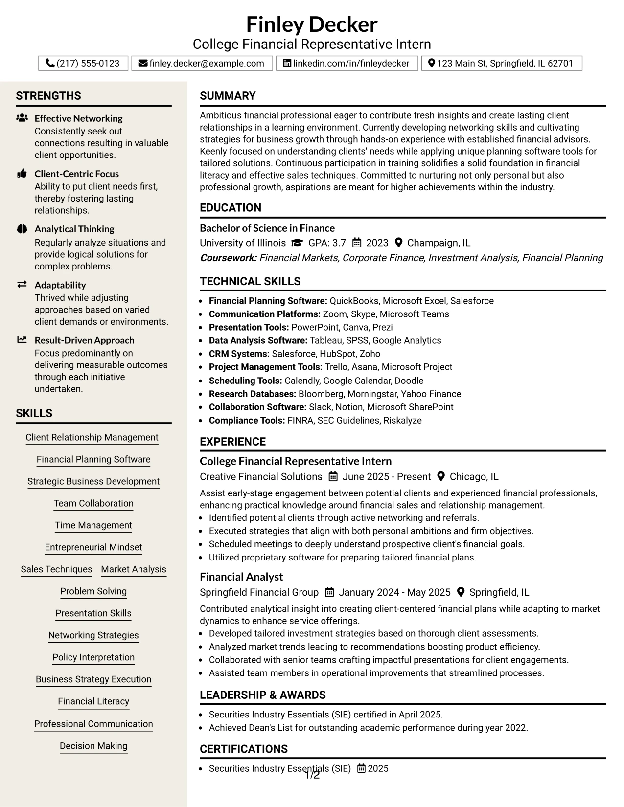 Resume Example Page 1