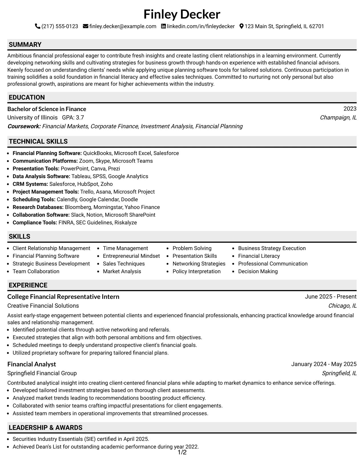Resume Example Page 1