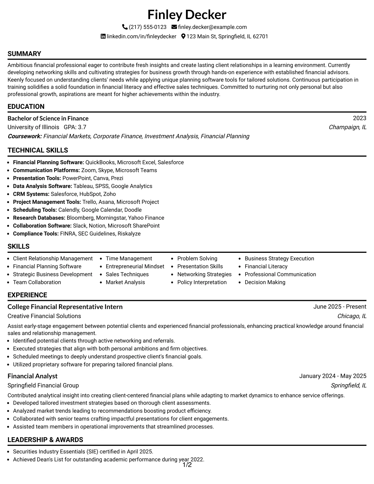 Resume Example Page 1