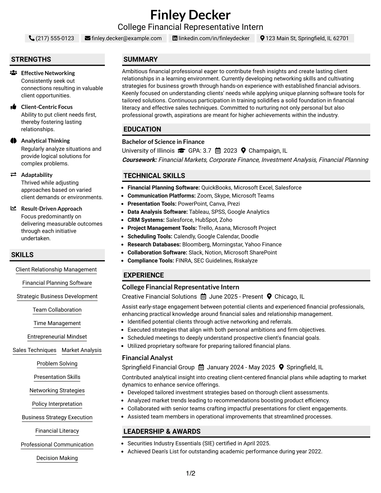 Resume Example Page 1