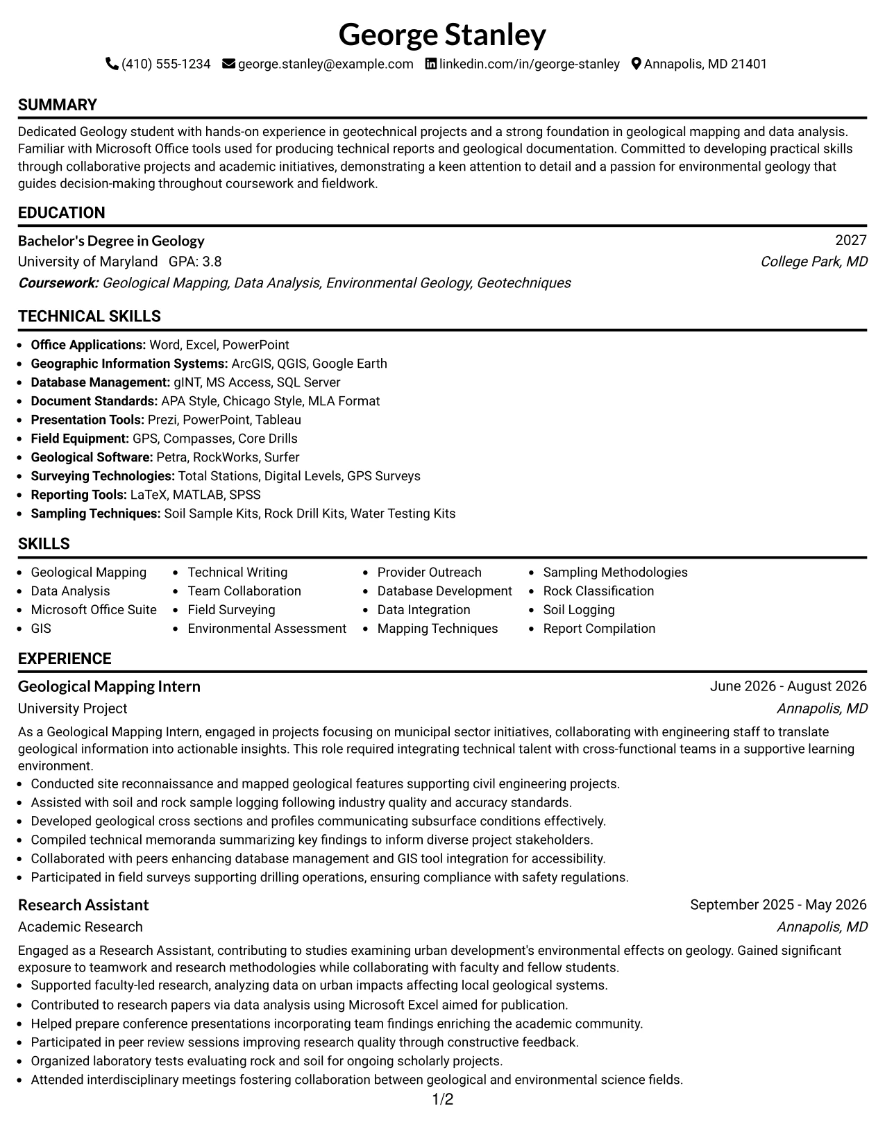 Resume Example Page 1