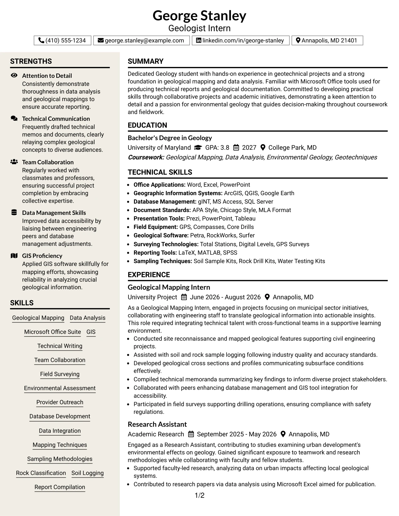 Resume Example Page 1