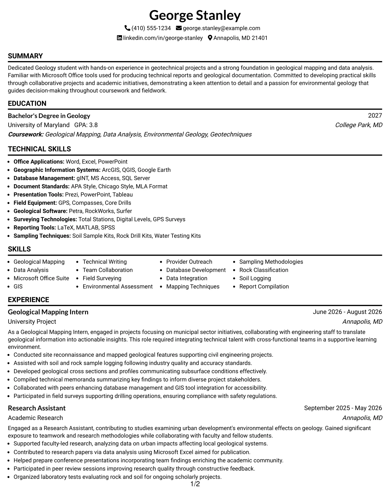 Resume Example Page 1