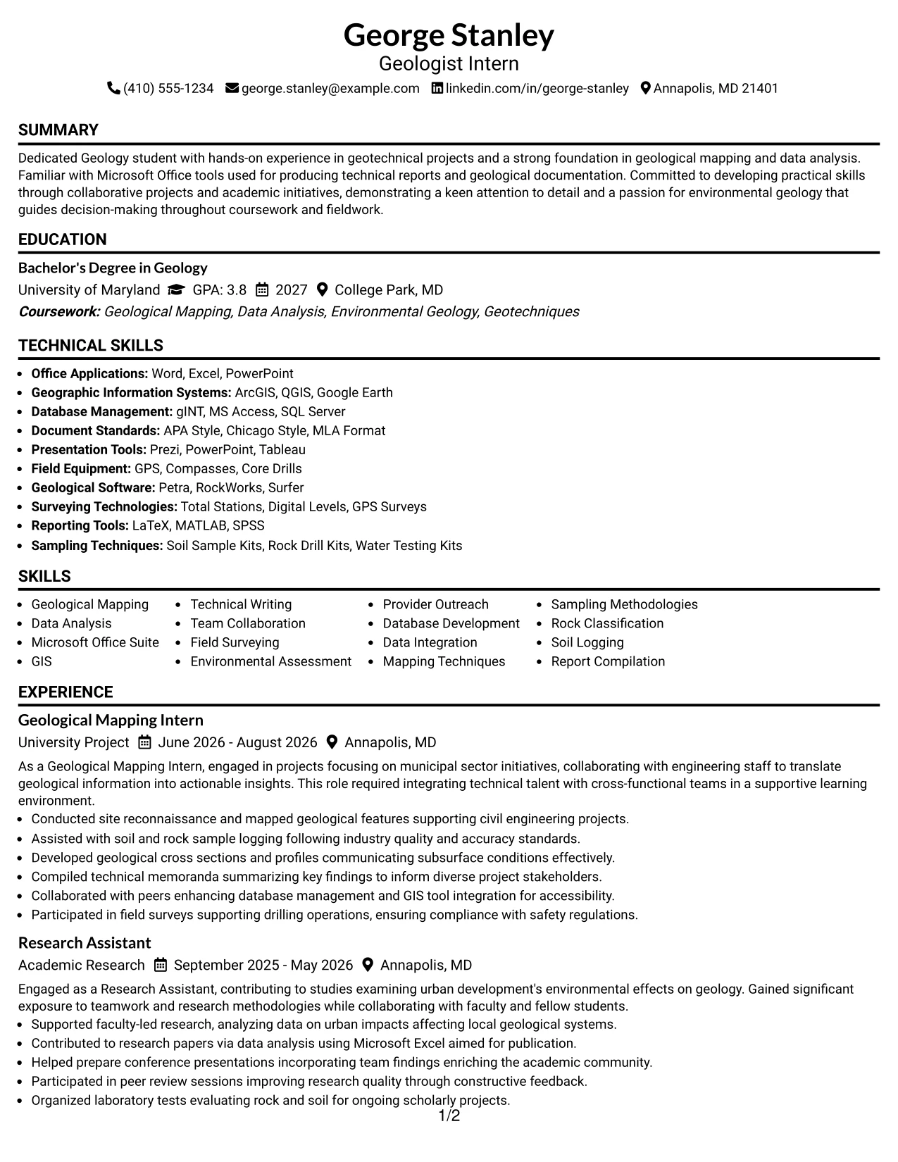 Resume Example Page 1