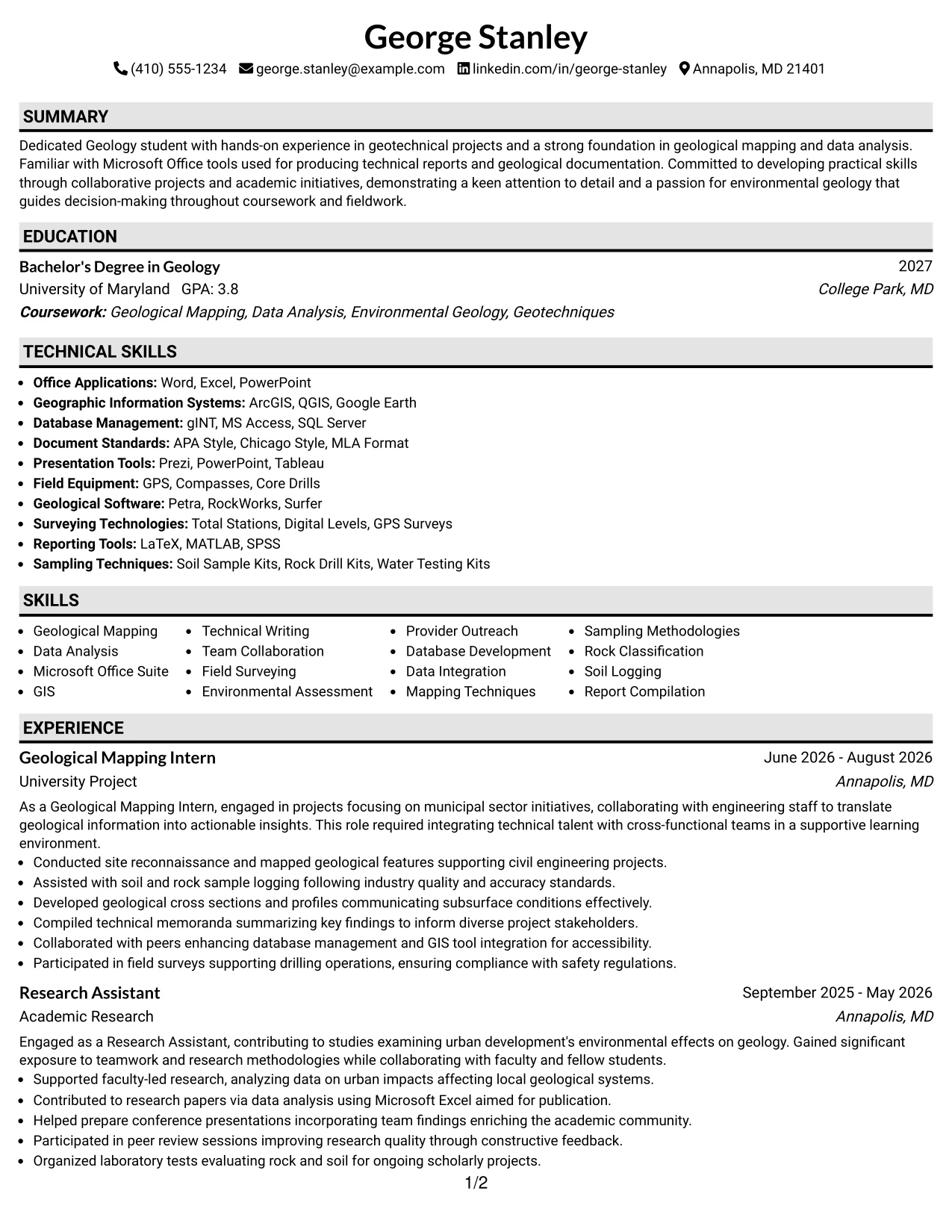 Resume Example Page 1
