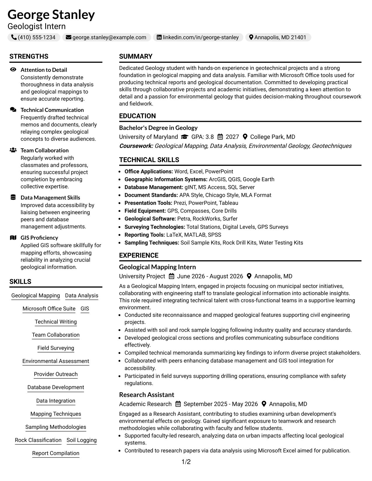 Resume Example Page 1
