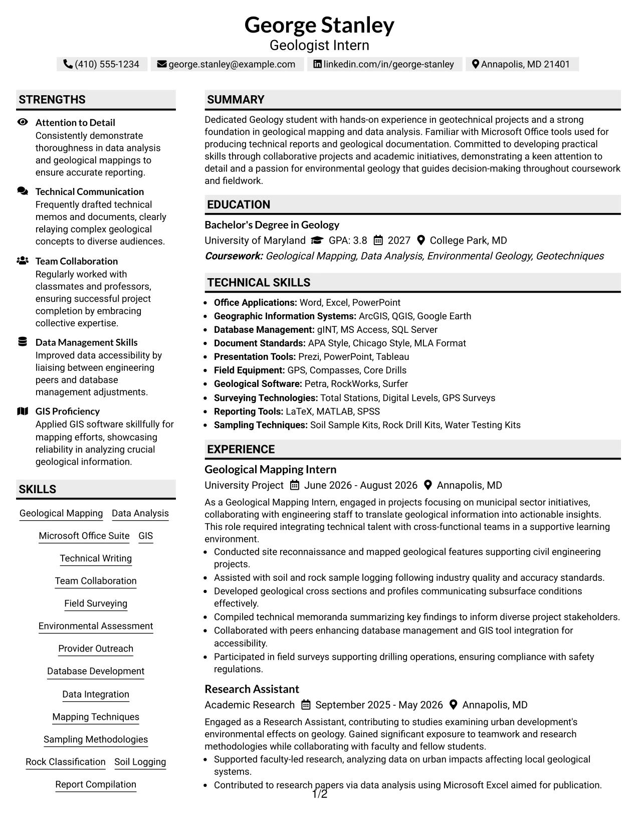 Resume Example Page 1