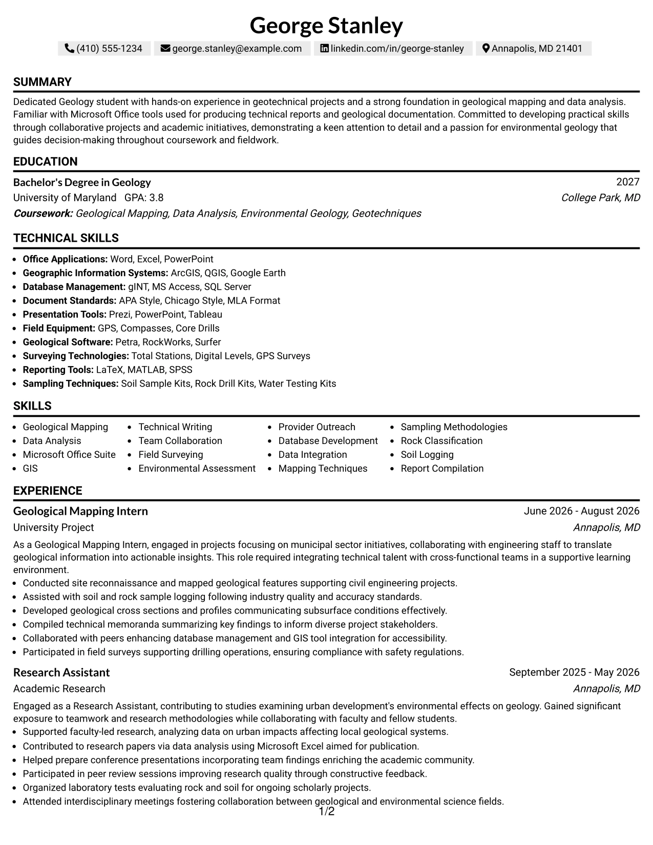 Resume Example Page 1