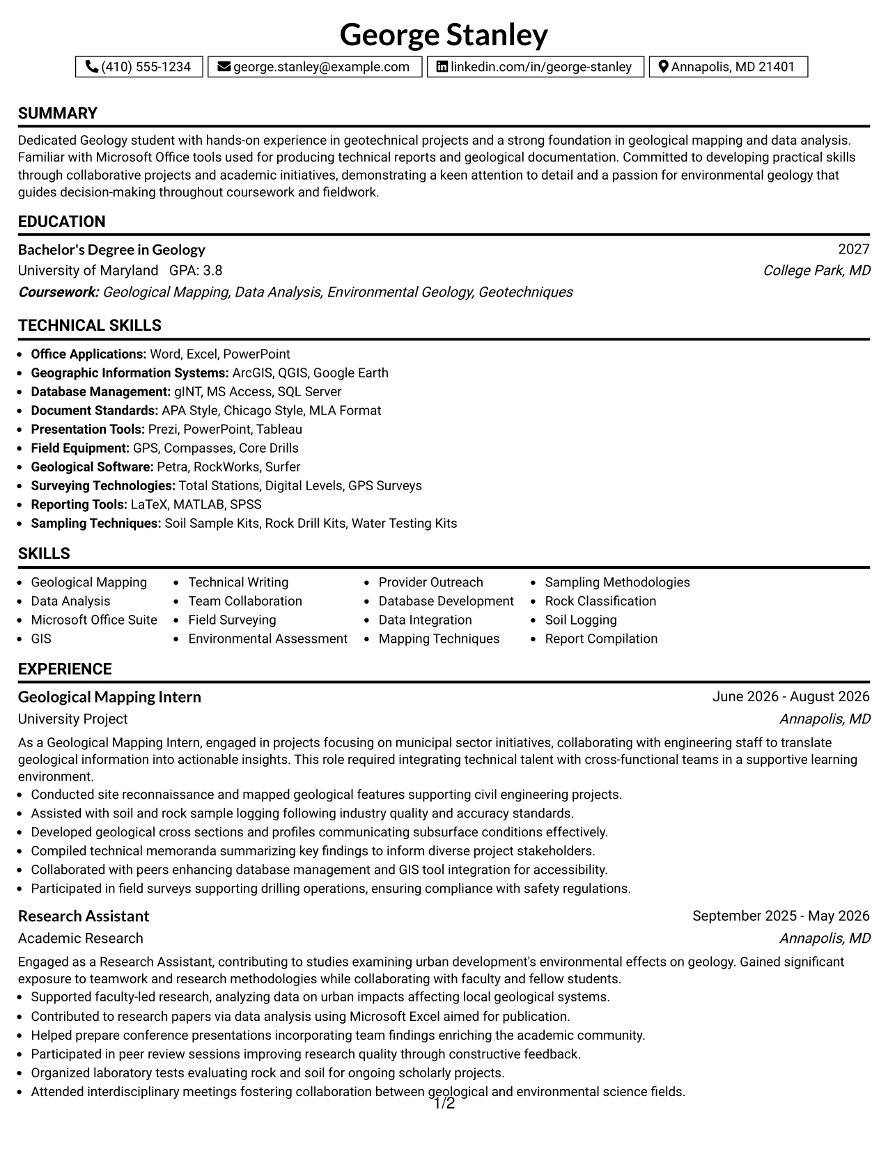 Resume Example Page 1