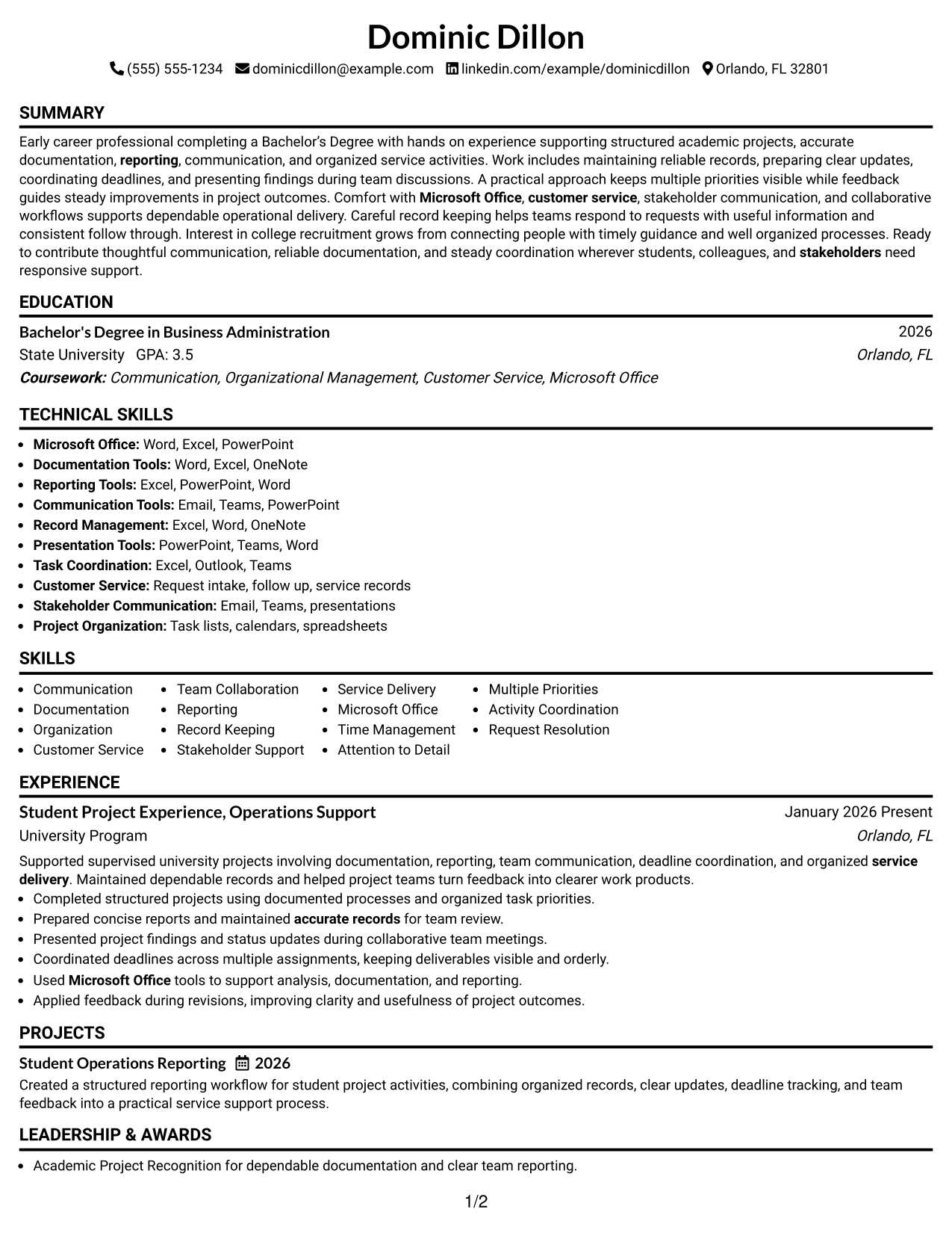 Resume Example Page 1