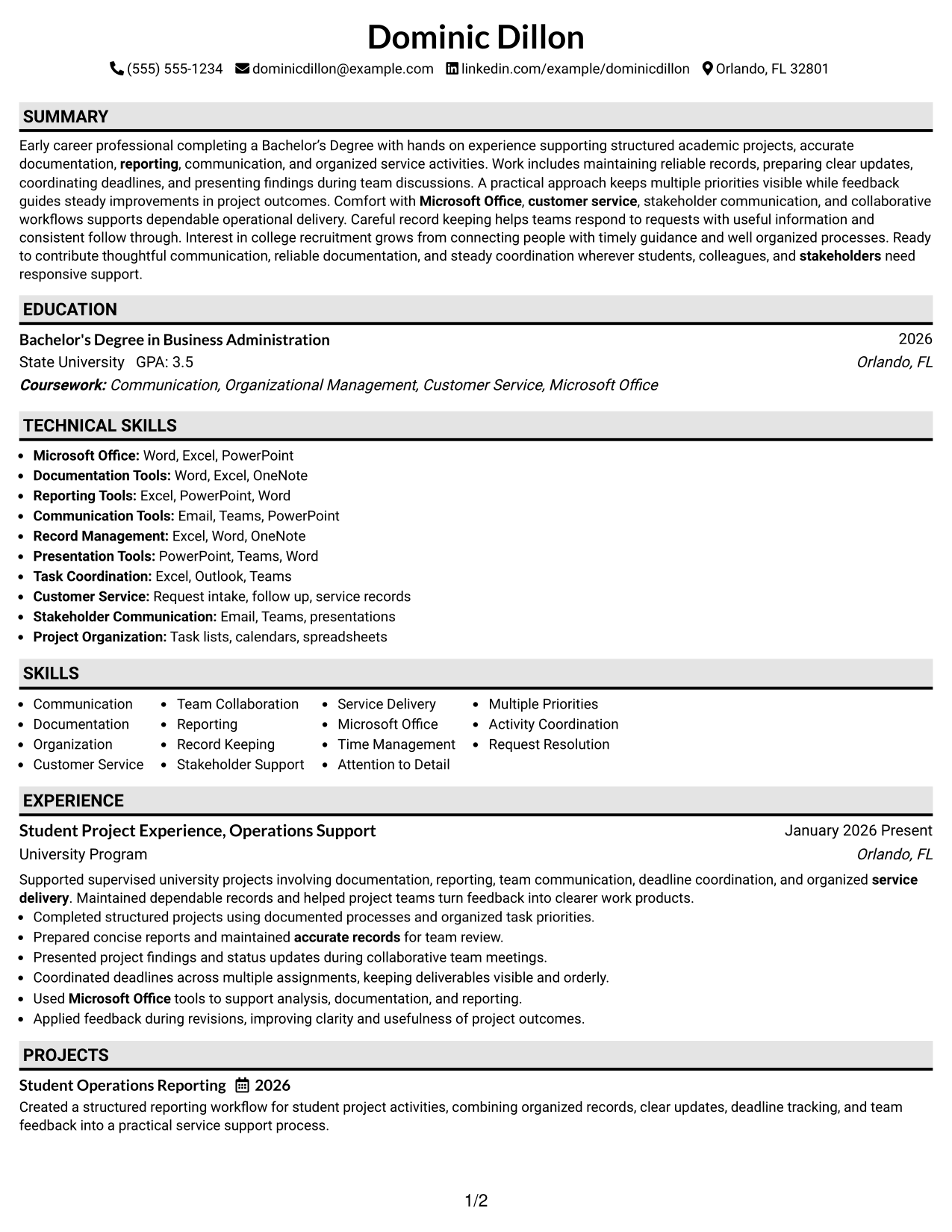 Resume Example Page 1