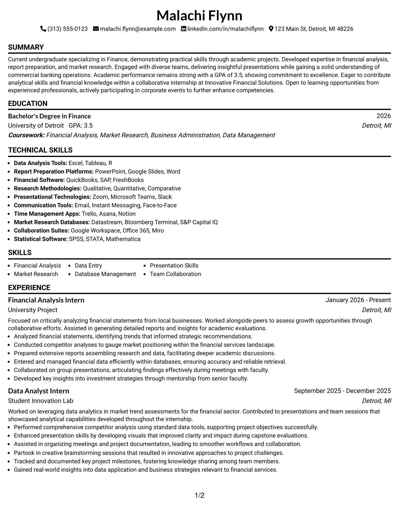Resume Example Page 1