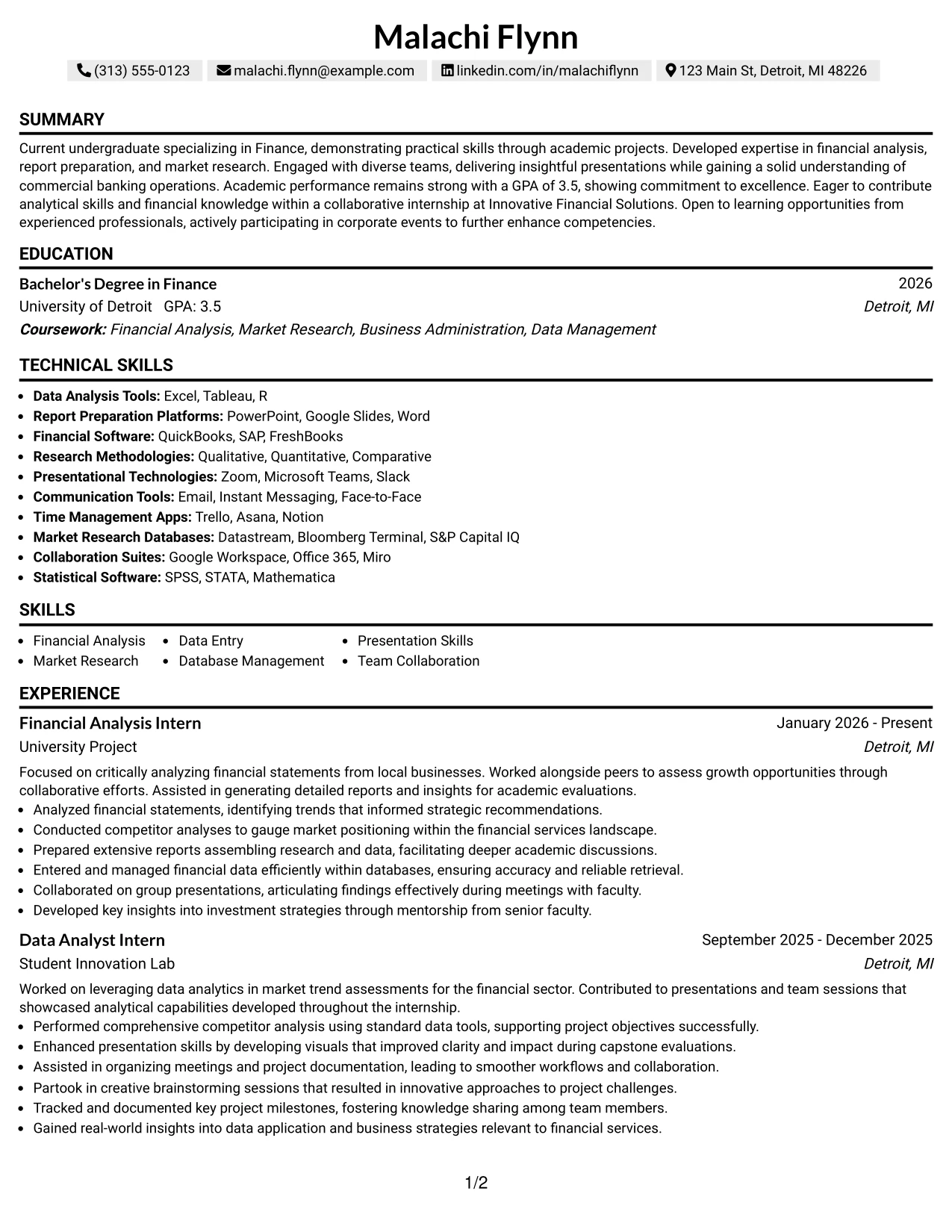 Resume Example Page 1